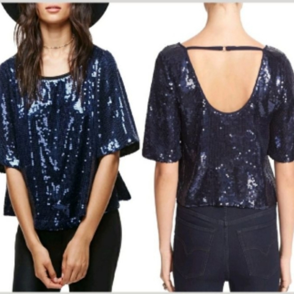 Free People Navy Blue Sequin Top, size Medium
